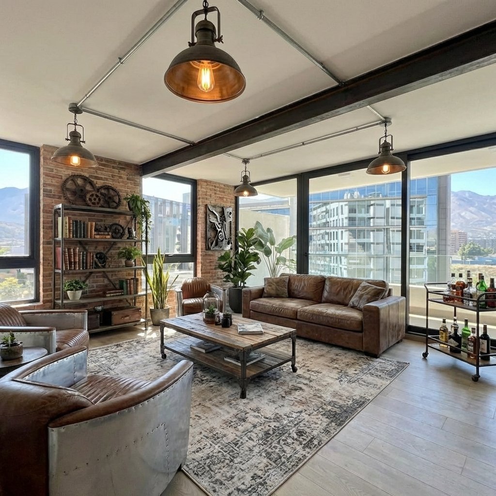 Render del living en estilo industrial clásico