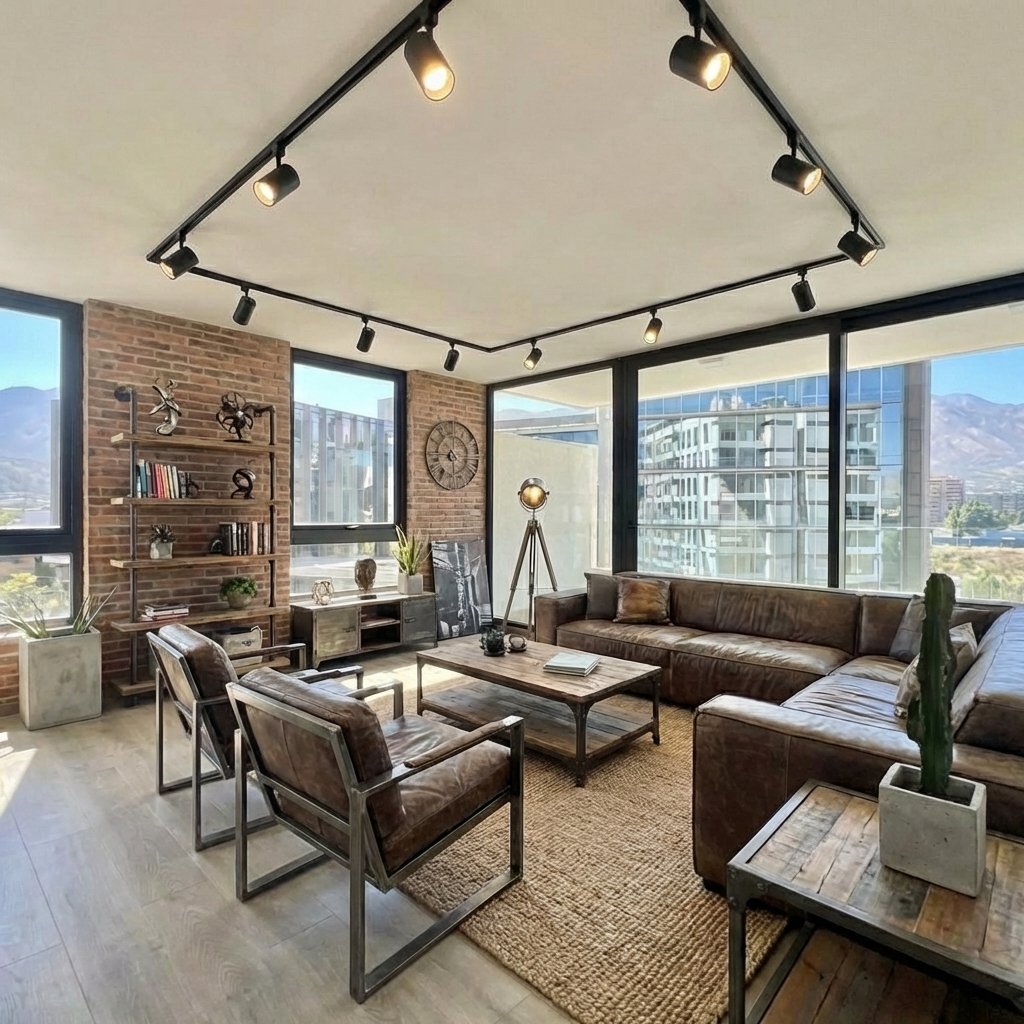Render del living en estilo industrial con rieles