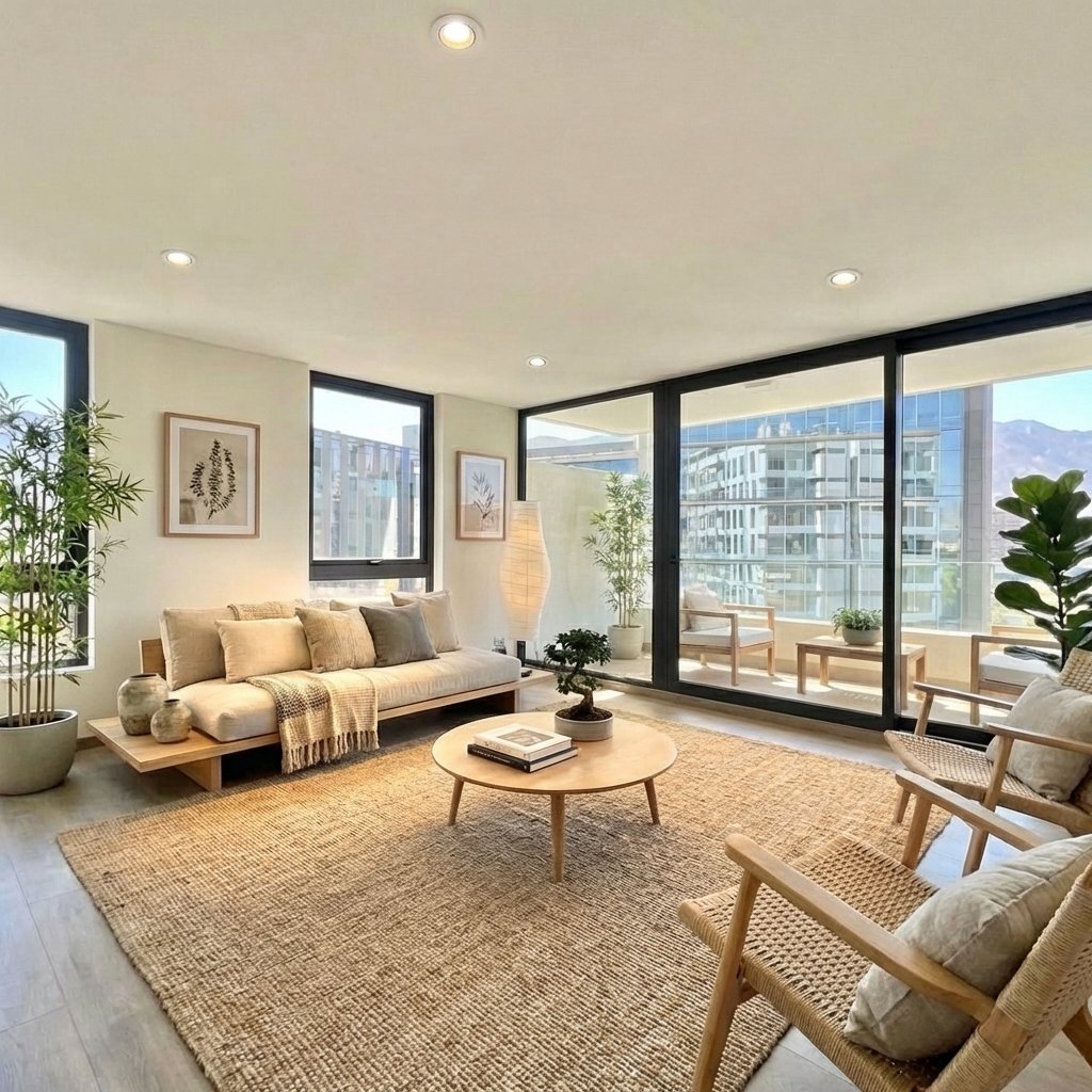 Render del living en estilo japandi