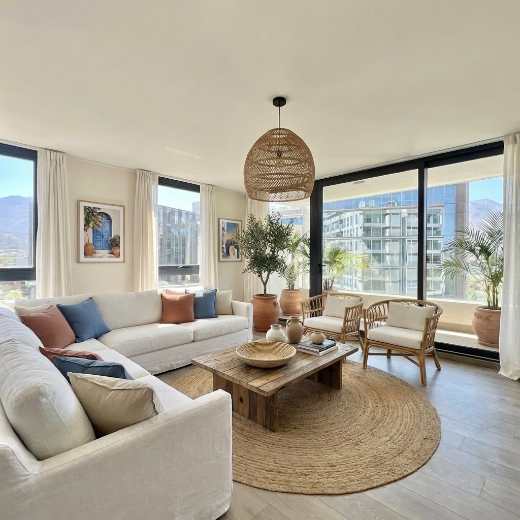 Render del living en estilo mediterráneo