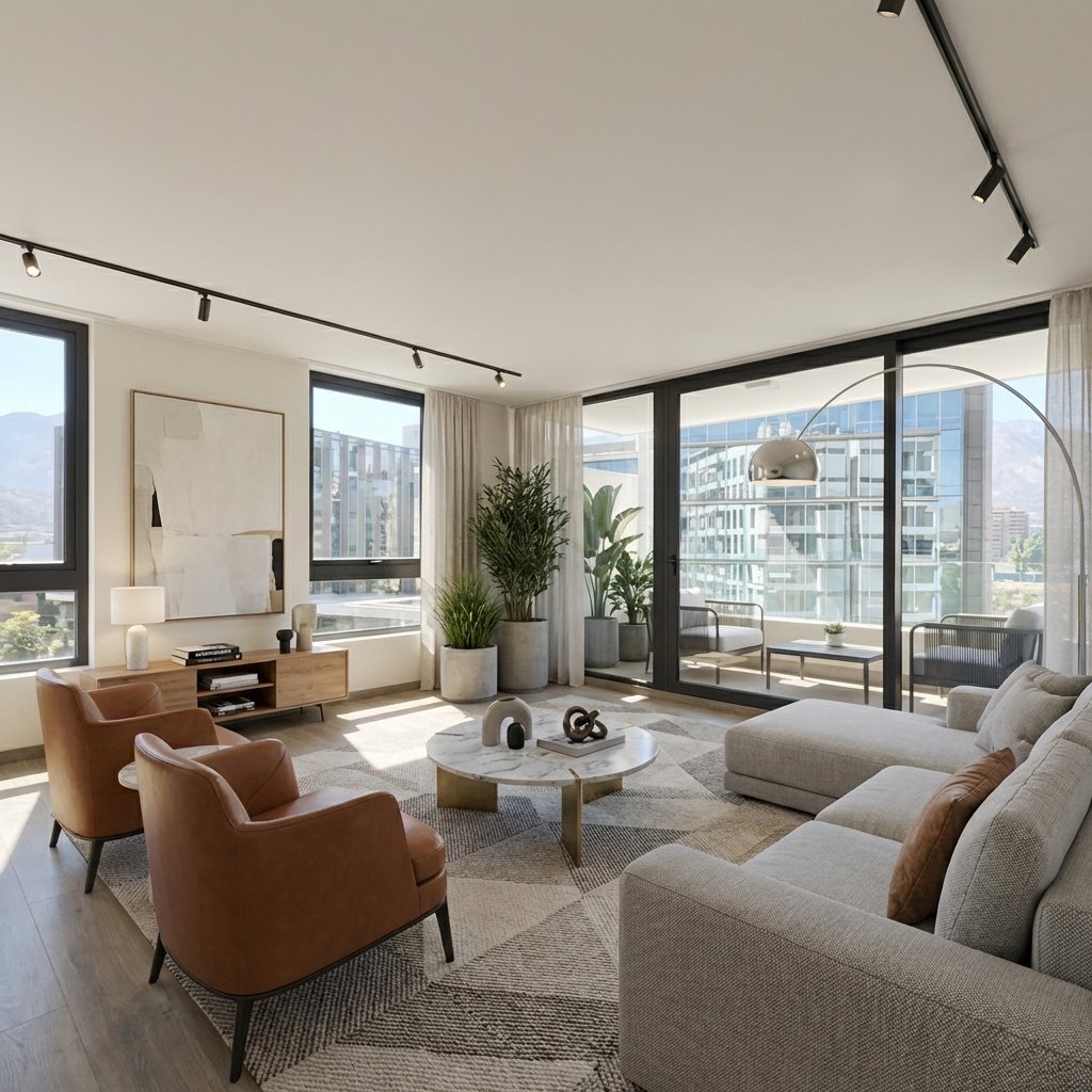 Render del living en estilo moderno minimalista